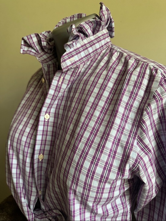 1901 Tops - 1901 Women's Purple and White Plaid Button-Down Ruffled collar Shirt